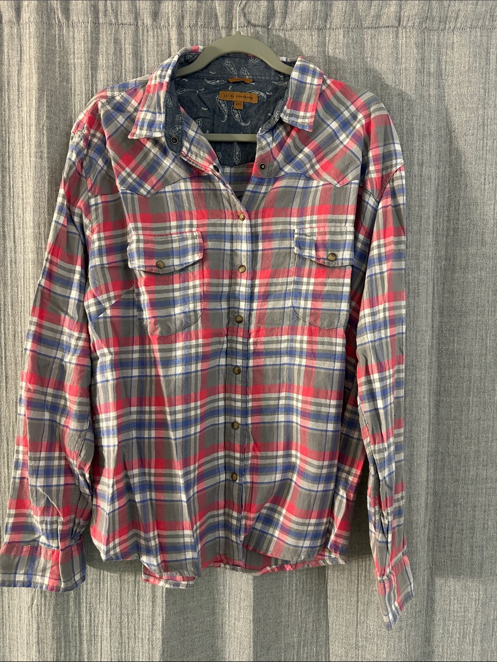Jachs Pink, Gray & Blue Plaid Snap-Front Casual Shirt